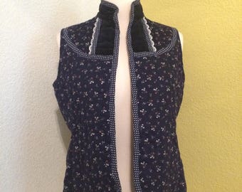 Vintage 1970s Gunne Sax Gunnies Navy Floral Calico Hippie Prairie Velvet Velveteen Vest