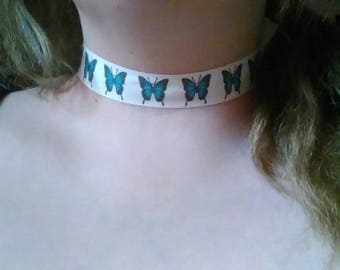 Butterfly ribbon choker with Velcro fastening simple blue butterfly unique handmade gift item