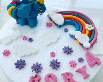 Edible My Little Pony Cake Topper Rainbow Name 6 Cloud & and 10 Blossoms Fondant