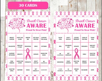 50% OFF Breast Cancer Awareness Month Bingo Cards - Printable Pink Ribbon Event Activity - 30 different Cards - Instant Download