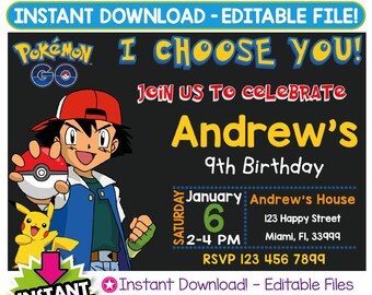 SALE 60% OFF: Pokemon Invitation, Pokemon Birthday Invitation, Pokemon Invitation Instant Download, Pokemon Party, Editable Invitation, PDF