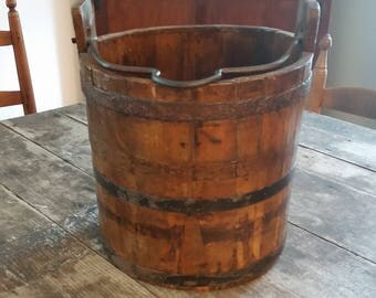 Vintage~ Wooden Bucket With Iron Handle & Bands