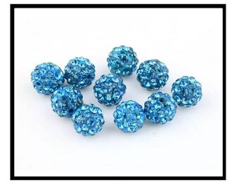 X 10 pearls shamballa 10mm turquoise rhinestone
