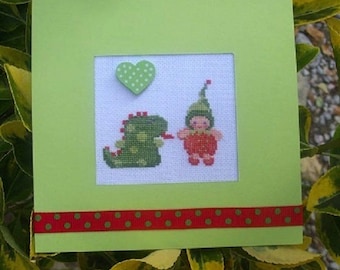 Hand embroidered card: leprechaun and his dinausore