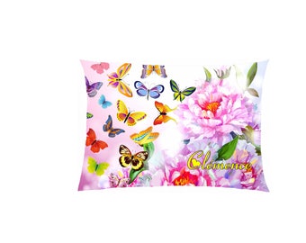 satin flowers and butterflies pillow personalized ref 599