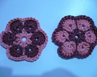 set of 2 crochet flowers, pink and dusty pink