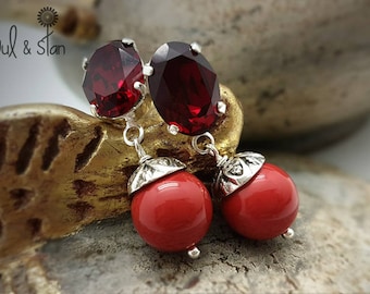 Glamorous Earrings red crystal rhinestones, dark red pearls