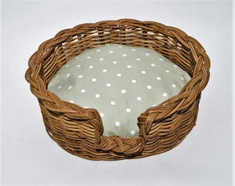 Traditional Wicker dog Basket with vintage style, polka dot cushion in green