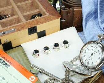 Hand Made Sterling Silver Onyx Shirt Dress Studs - Formal Pack 4 Boxed