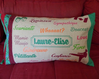Pillow personalized with names, words to your liking and fabrics to choose
