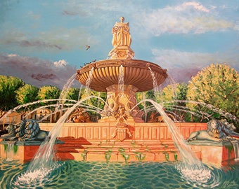 Paint fountain of the Rotunda of Aix-en-Provence painting oil on canvas on knives and brushes, beginning of course Mirabeau