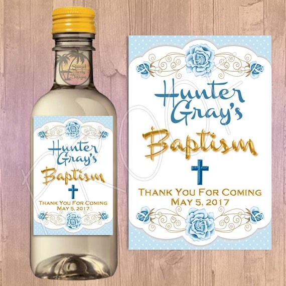 Mini Wine Bottle Labels Blue Rose Baptism Favors PRINTED