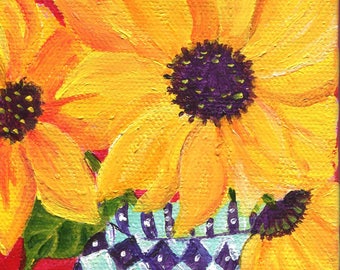 Sunflowers painting, Sunflower Art, Easel, blue and white vase, Original acrylic mini canvas, SharonFosterArt