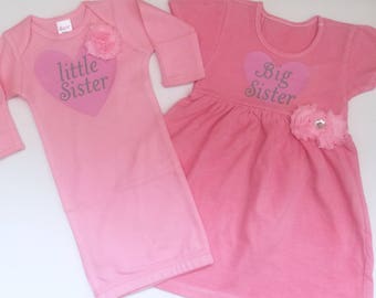 Little sister big sister outfits..new baby-- hospital outfit... pink baby gown and dress