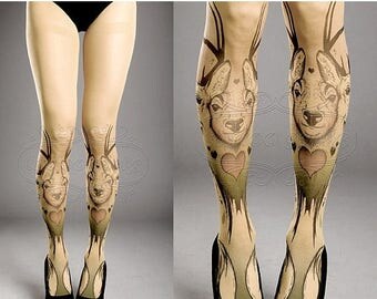 30%off/endsJUL23/ Tattoo Tights - closed toe nude color one size Triple Deer full length printed tights pantyhose tattoosocks tattootights