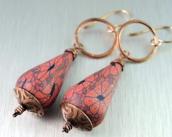 Copper and Polymer Clay Earrings - Poly Clay Dangle Earrings - Red Copper Earrings