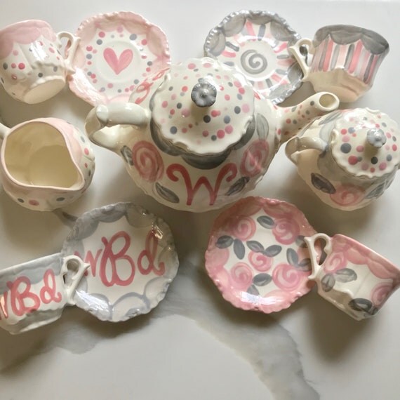 Pink and Gray Tea Party Elegant Little Girls China Tea Set, Handpainted, Custom, Personalized Il_570xn