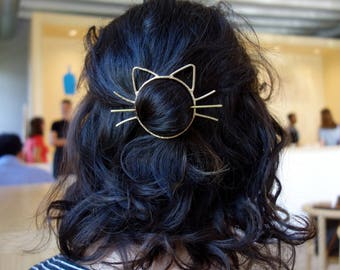 Cat Bun Pin Hair Clip Brass Barette Handmade Cat Whiskers Bun Slide