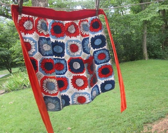 Vintage Half Apron - Handmade Cotton Apron - Red White Blue Sunflowers