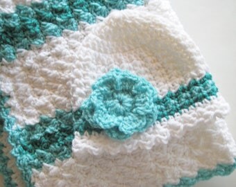 READY TO SHIP Crochet Baby Blanket Set, Baby Shower Gift, Baby Girl Blanket Set, Baby Carrier Blanket & Hat - White, Aqua, Ocean Green