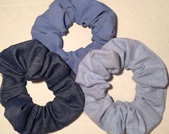 3 Hair Scrunchies, Scruncheys Scrunchys Set Lot of Denim Jeans Fabrics Ponytail Elastics Ties Acc holders covers pull backs Blue schrun