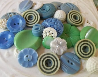 Vintage Buttons - Cottage chic fancy pierced mix of green, and blue lot of 27 old and sweet( July412 17)