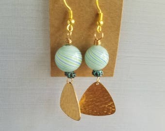Green, Blue Swirl Glass Earrings, Gold Brass Dangles, 50%OFF Beaded Earrings, Summer Earrings, Under 10
