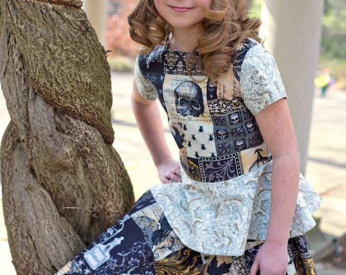 Little Girl Clothes - Back to School Outfit - Steampunk - Edgar Allen Poe - Boutique Circle Skirt and Peplum Top - sizes 2t to 8 yrs