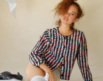 SALE 25% off sundays Indie Crop Sweater Vintage 80s Black and White Crop Slouchy Indie Hipster Crop Sweater Cardigan (m l)