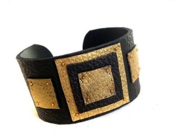 50% OFF SALE Leather cuff bracelet Women cuff Leather jewelry Black and gold wristband "Geometry of Metamorphose" collection