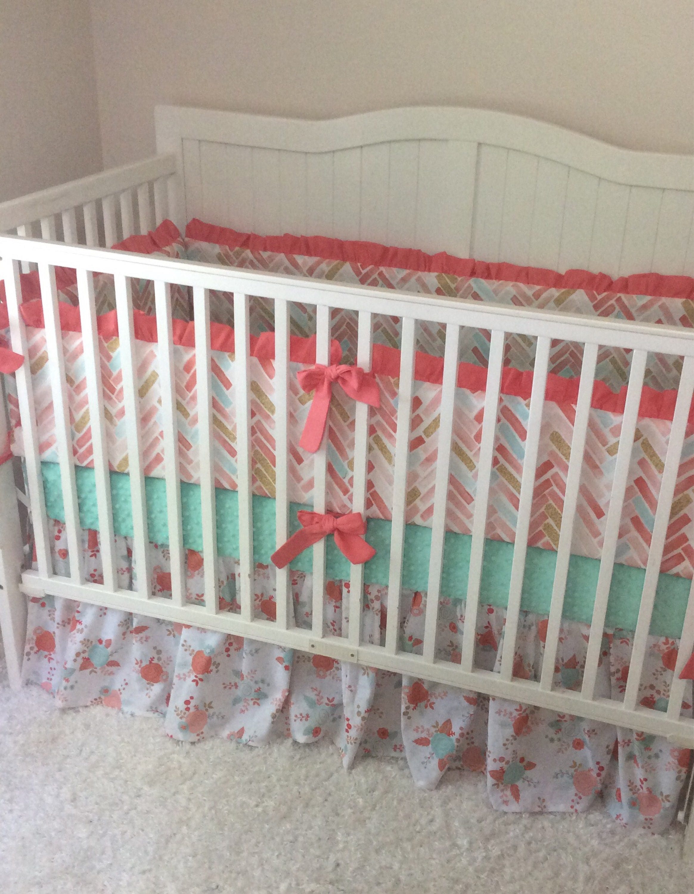 Baby Girl Crib Bedding Set Aqua Mint Coral Gold Watercolor