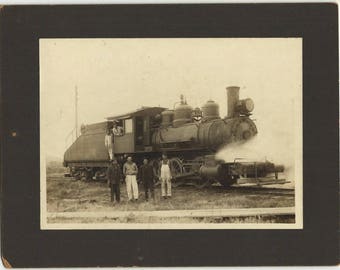 Antique Railroad Photo, Steam Engine, Train Workmen, Mounted on Cardboard, Vintage Transportation Black and White Collectible Paper Ephemera