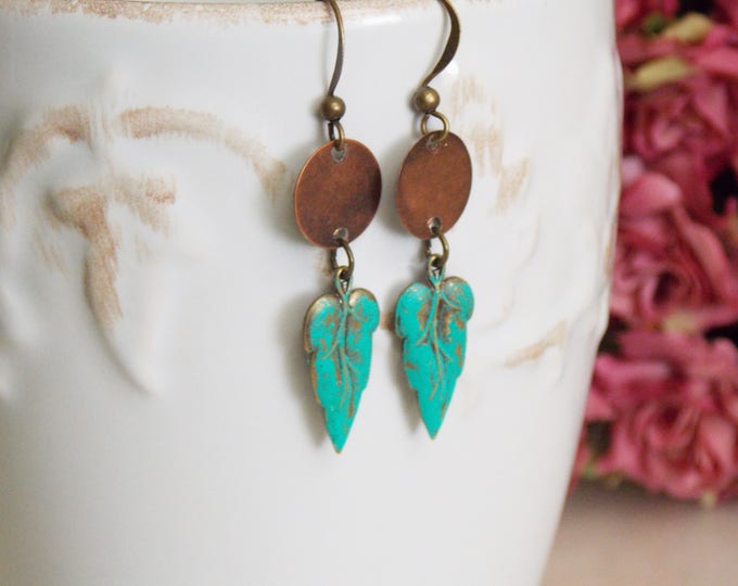 Verdigris Leaf Earrings Brass Patina Earrings Green Blue Drop Rustic Copper Metal Disk Dangle Bohemian Boho Woodland Jewelry Gift Earrings
