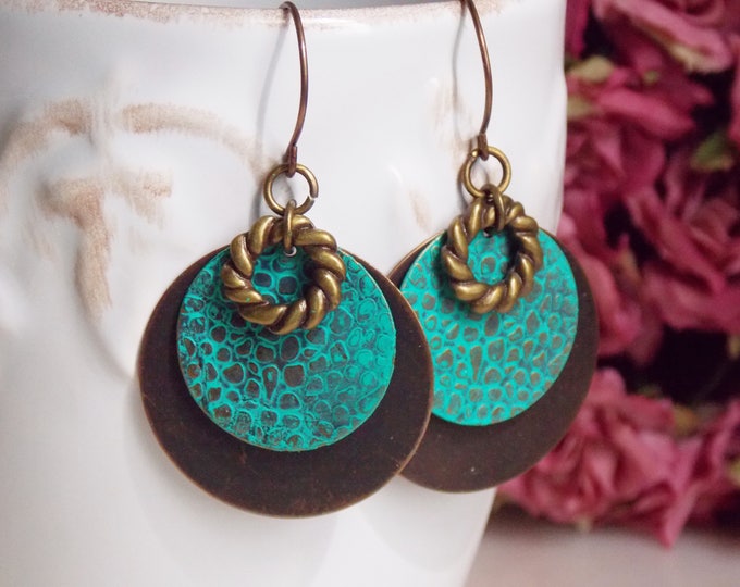 Verdigris Patina Brass Earrings- Green Blue Dangle Drop Bohemian Earrings -Metal Earrings-Boho Earrings-Rustic Woodland Earrings