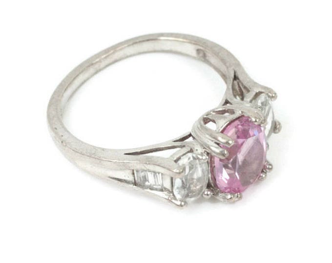 CZ Pink and Clear Stone Ring Gemstone Sterling Cocktail Dinner Ring Vintage Size 7