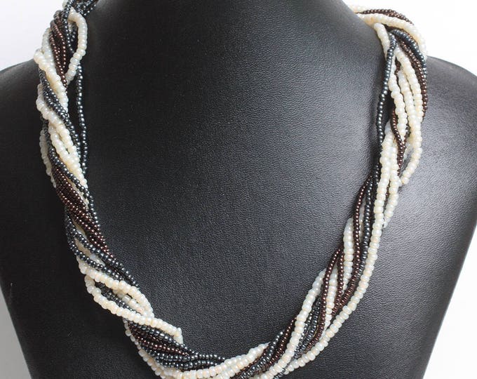 Simulated Pearl Multi Color Necklace Multi Strand Ivory Grey Brown 19 Inch