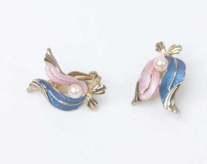 Pink and Blue Enameled Earrings Faux Pearl Clip On Style Vintage