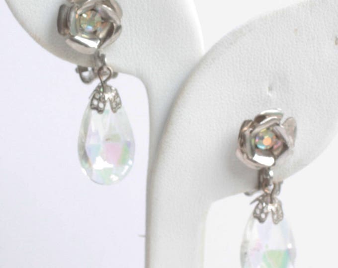 Flower Design Crystal Dangle Earrings Aurora Borealis Vintage Clip On