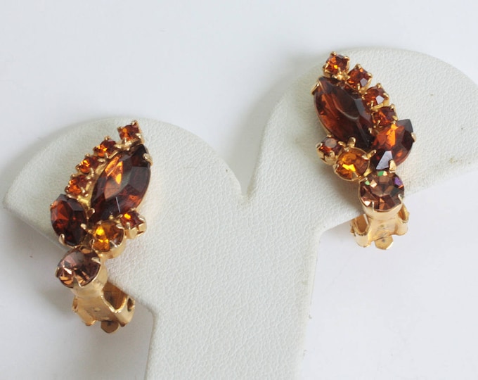 Juliana D and E Earrings Golden Brown and Orange Rhinestones Clip On Vintage