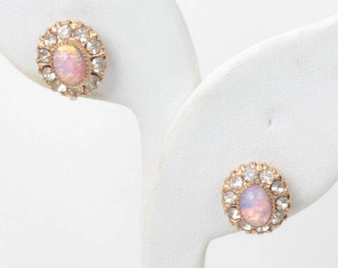 Simulated Opal and Rhinestone Earrings Signed Vargas Gold Tone Screw Back Vintage