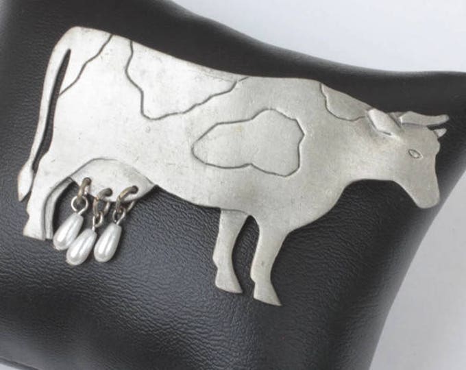 JJ Cow Brooch Pewter Tone Glass Pearl Dangles Book Piece Vintage