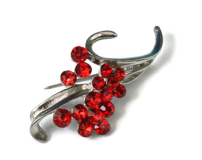 Red Rhinestone Flower Brooch Pin Silver Tone Metal Vintage