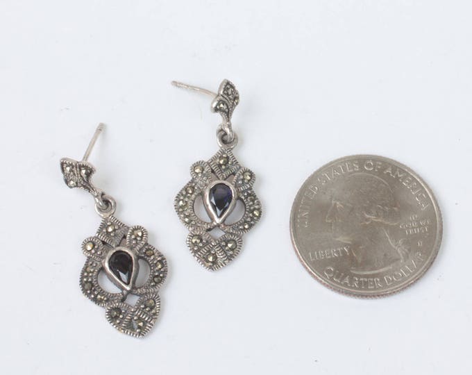 Sterling Marcasite and Blue Gemstone Dangle Earrings Posts Vintage Signed Marsala