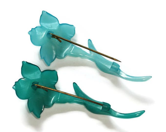 Teal and Turquoise Flower Brooches Buch and Deichmann Denmark Thermoplastic Vintage