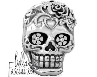 Sugar Skull Dia de los Muertos Bead Charm - Loving Heart - 925 Silver - Fits Pandora and Compatible Brand Bracelets - BELLA FASCINI® F-109