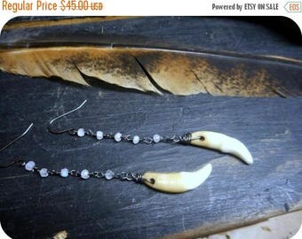 SALE Howl. Moonstone & Genuine coyote canine teeth earrings