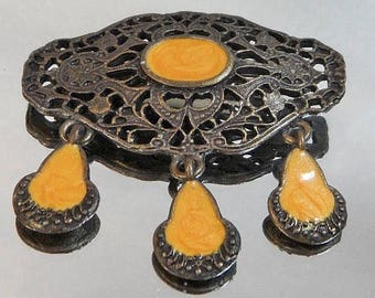 SALE Vintage Victorian Revival Brooch. Dangling Orange Drops Victorian Revival Pin.