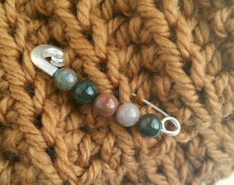 Beaded Sweater Pin - Natural Stone Knit Shawl Pin - Pink Agate