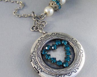 SALE Love You STill,Vintage,Vintage Aqua,Heart Necklace,Locket,Baroque Jewelry,Baroque,Silver Baroque Locket,Aqua Locket,Aqua Rhinestone