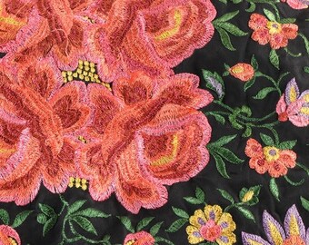 Vintage Embroidered Silk Piano Shawl Large